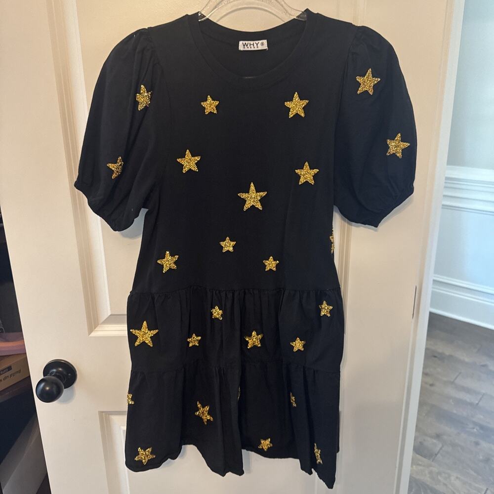 Women’s Why Dress Black Mini Ruffle Gold Sequin Stars Puff Sleeve Size Medium
